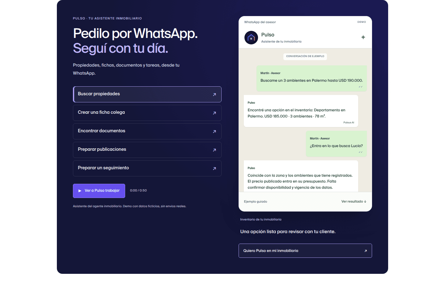 Demo de Pulso: un asesor busca un departamento por WhatsApp y revisa su coincidencia con la necesidad de una interesada.