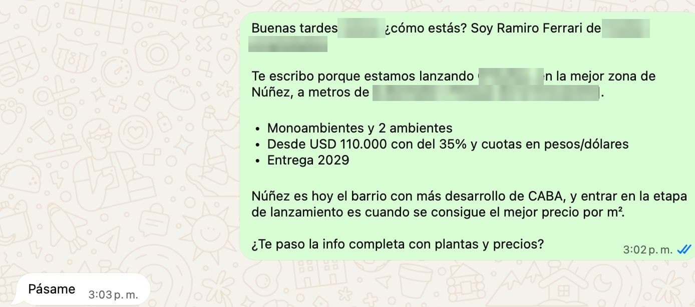 Captura de WhatsApp: Ramiro presenta un lanzamiento en pozo en Núñez a un contacto, que responde «Pásame» un minuto después.